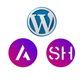 Astra theme logo, WordPress logo, and Astra Sticky Header plugin logo, gathered in a triangular shape in this image